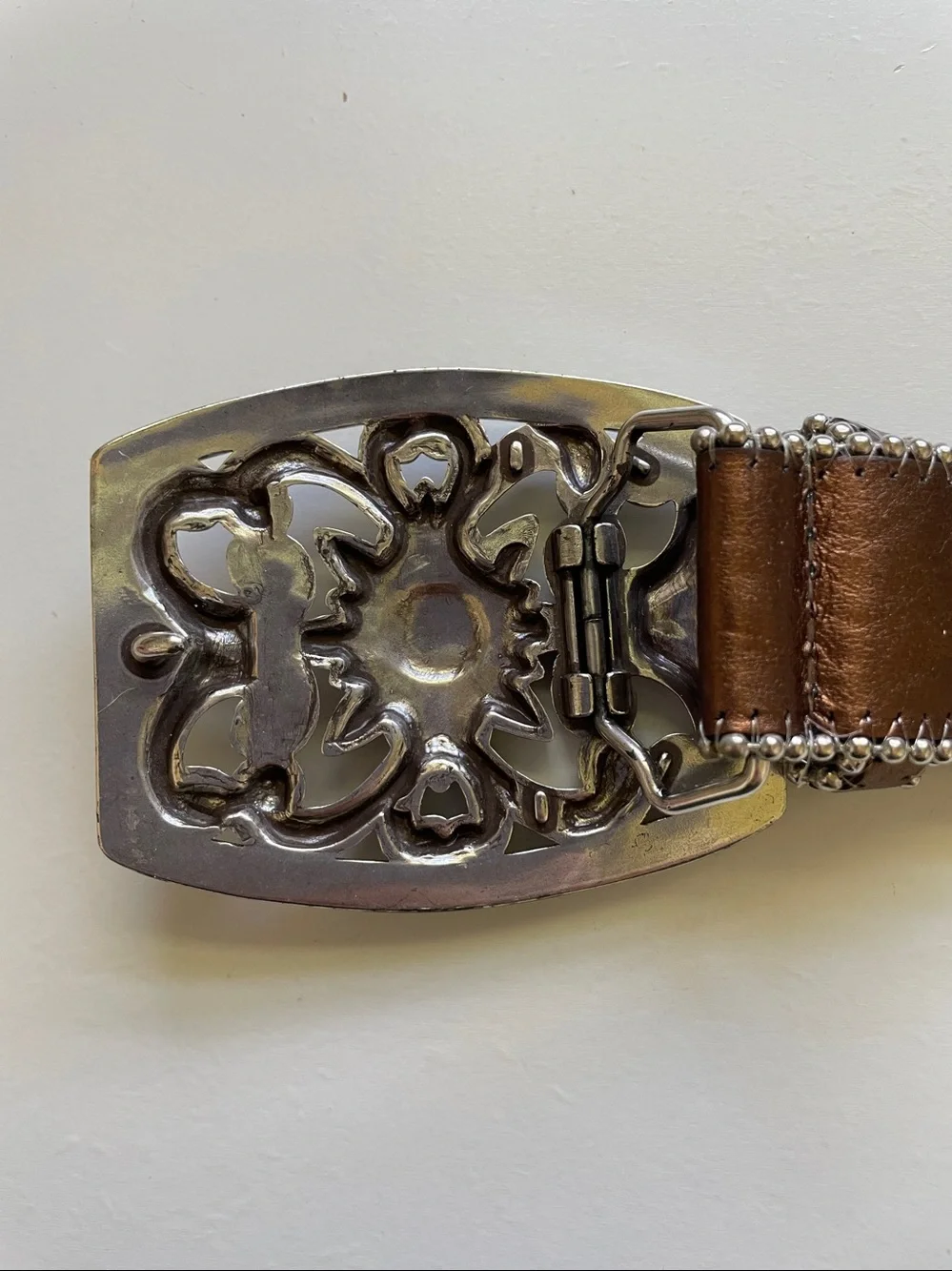 Western Boho Vintage Brown Studded Leather Small Belt Ornate Buckle FoxyGoods